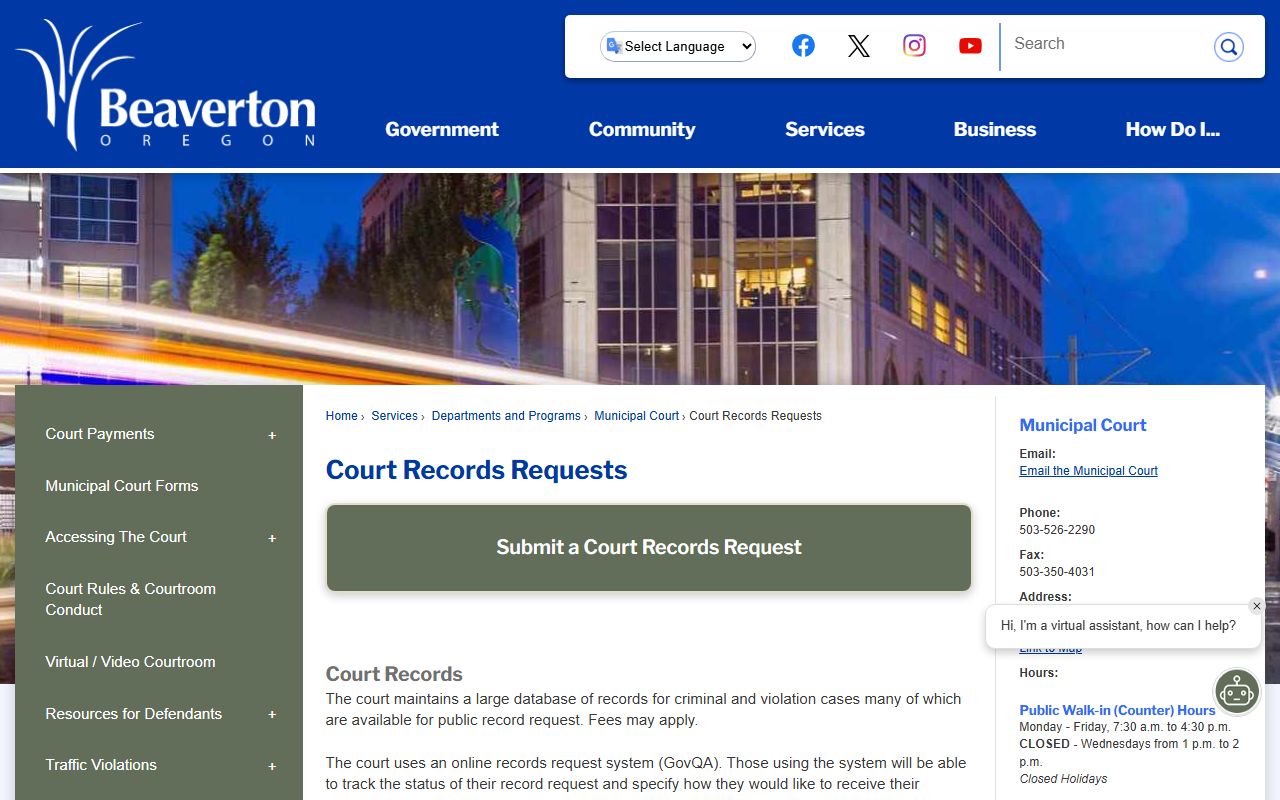 Beaverton court records request page for unclaimed money documentation