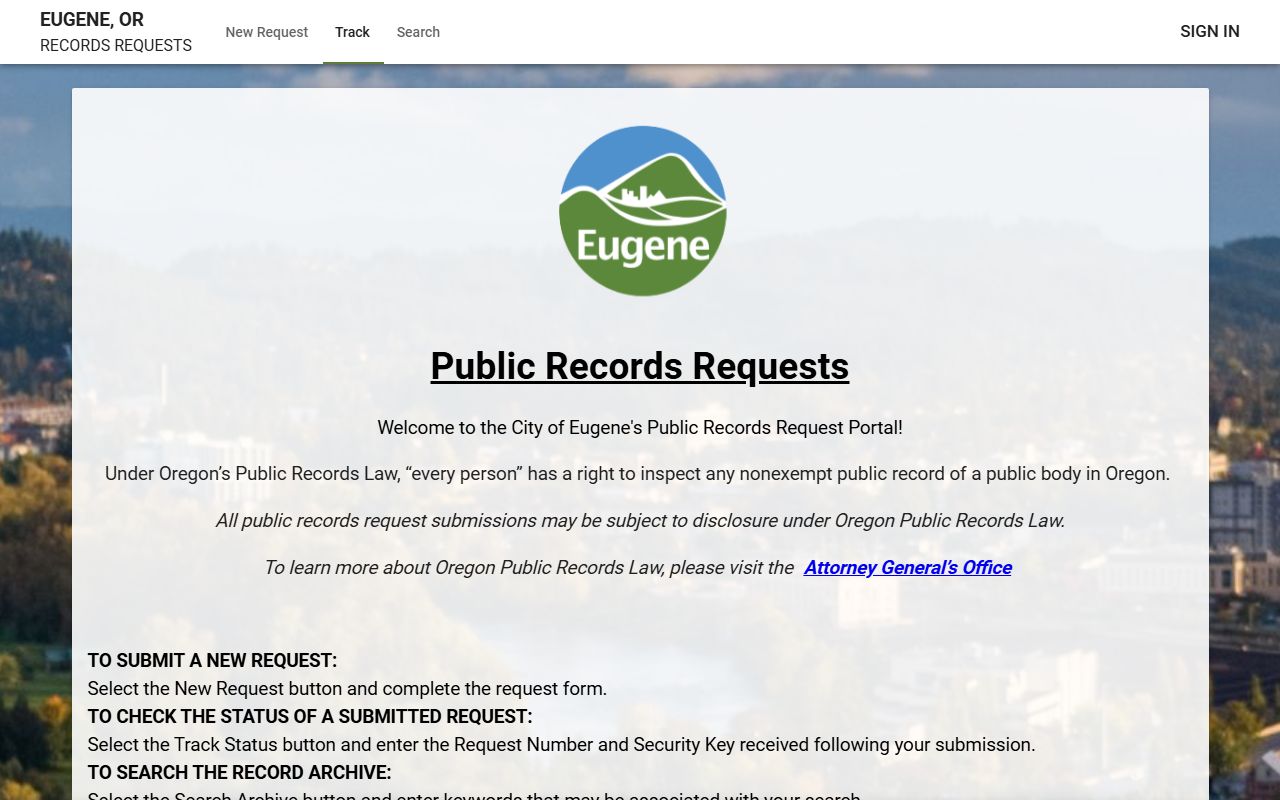 Eugene public records JustFOIA portal for unclaimed money searches