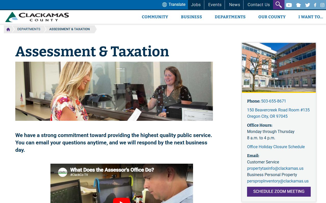 Clackamas County Assessor and Tax office website for property tax and assessment information