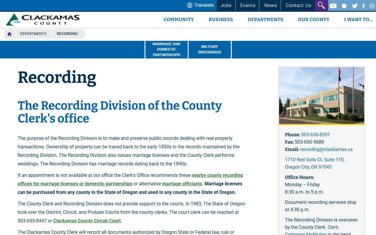 Clackamas County Recording Division website for property document searches and unclaimed money research