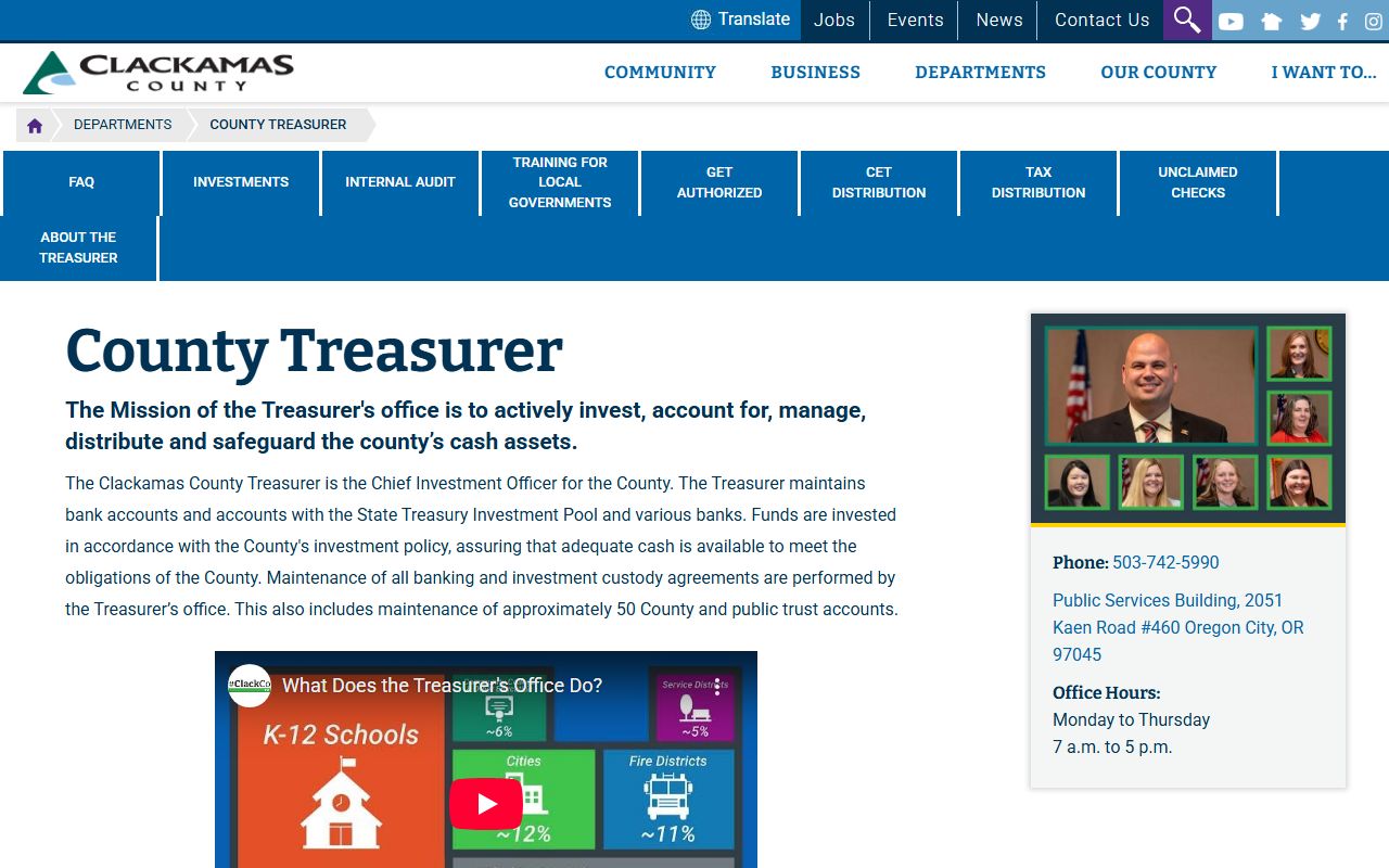Clackamas County Treasurer website showing unclaimed check accounts for Clackamas County residents