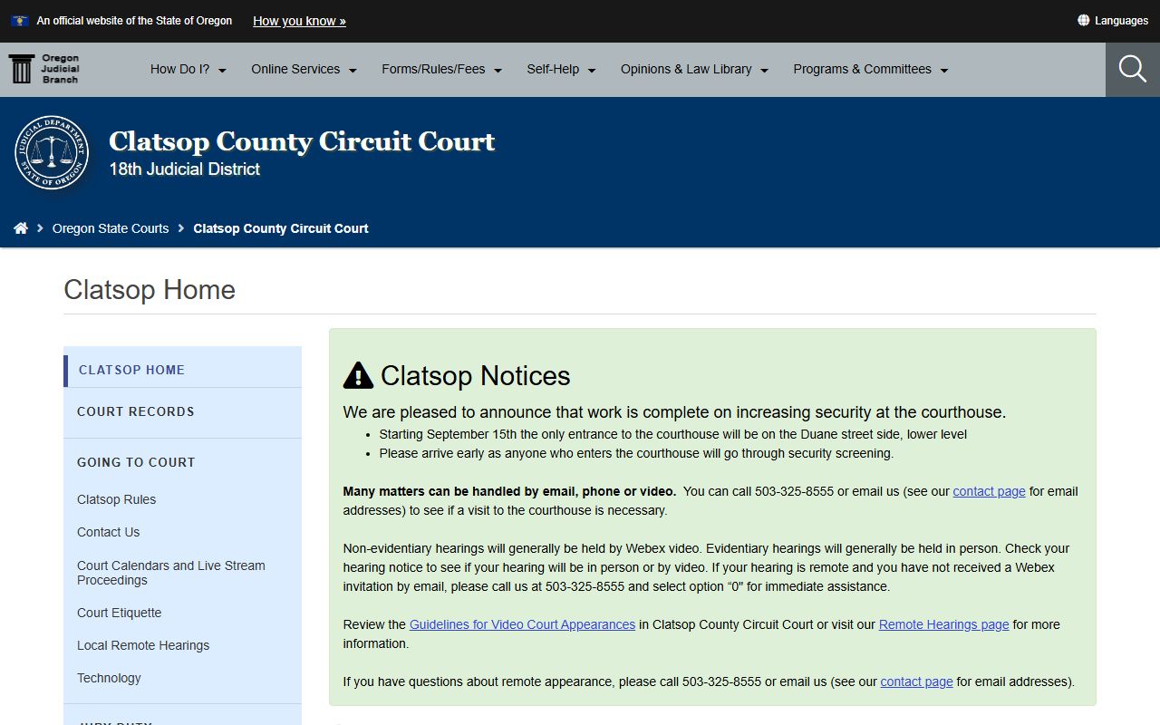 Clatsop County Circuit Court website for court records and legal proceedings in Astoria