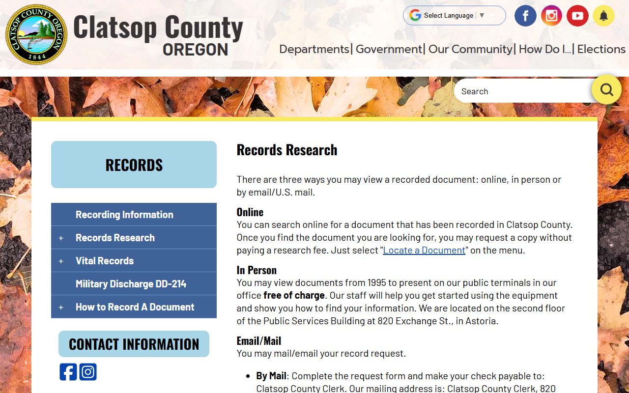 Clatsop County Clerk records research page for property document searches and unclaimed money