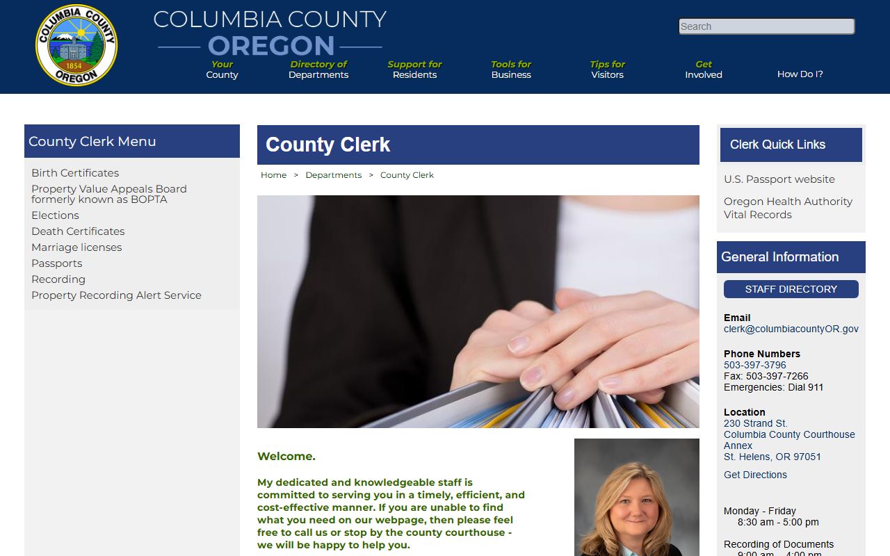 Columbia County Clerk office page for recording property documents in Columbia County Oregon
