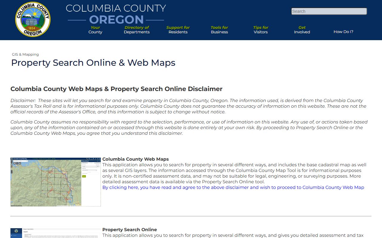 Columbia County GIS mapping portal for property records search in Columbia County Oregon