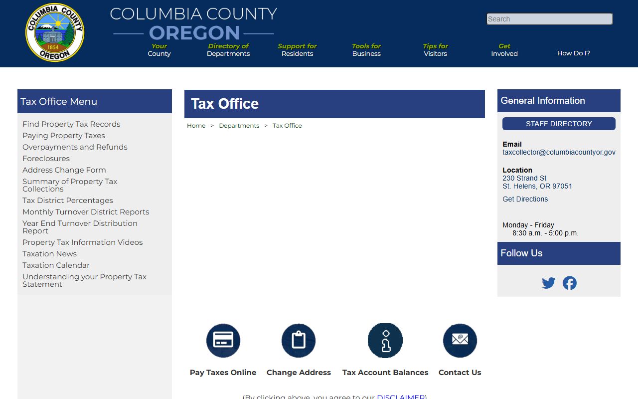 Columbia County Tax Office page for tax payment and foreclosure information in Columbia County Oregon