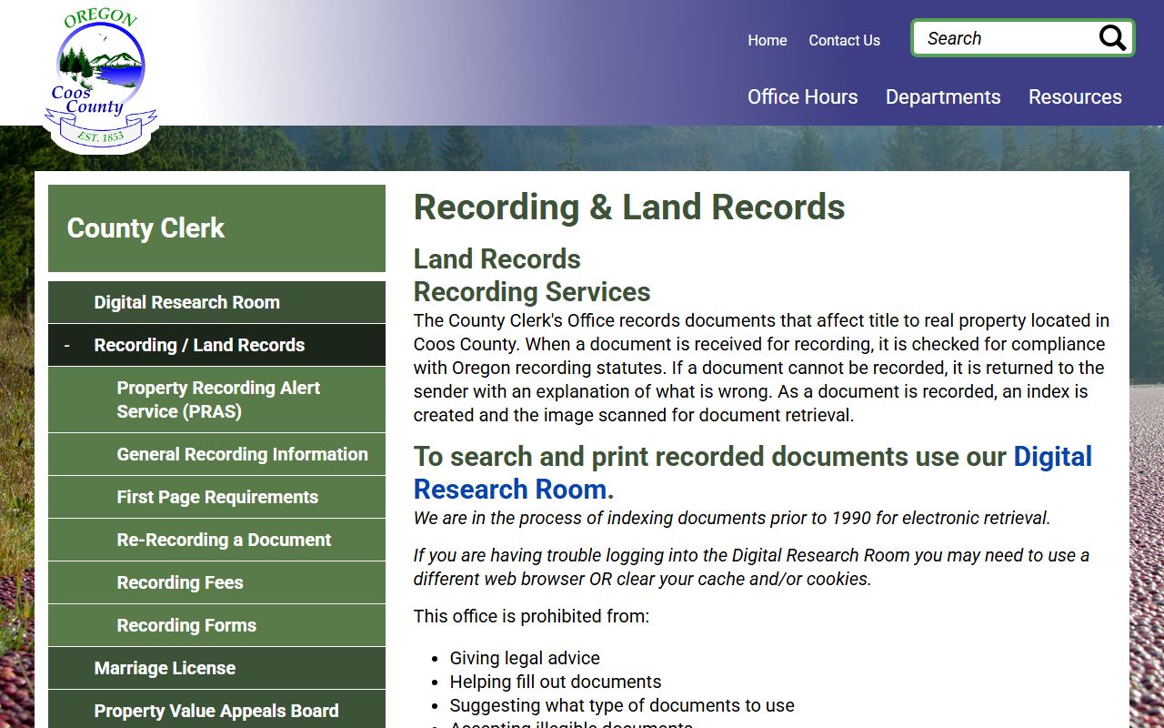 Coos County recording and land records page for document filing in Coos County Oregon