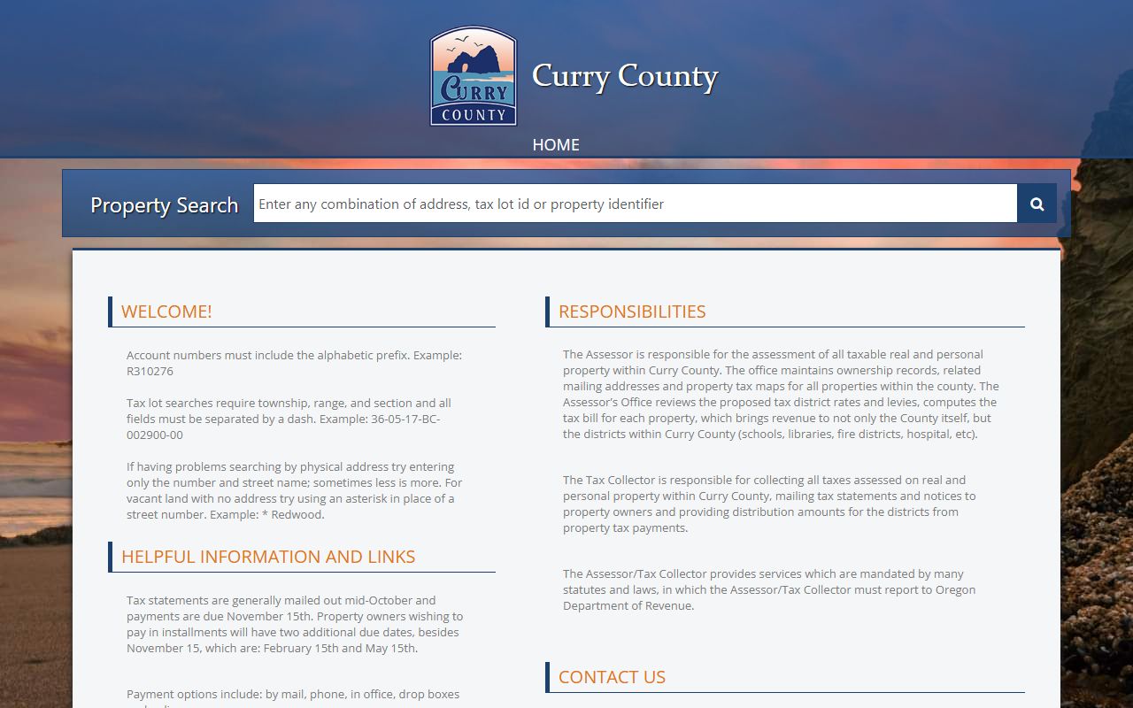 Curry County property assessment and tax search portal for parcel lookup in Curry County Oregon