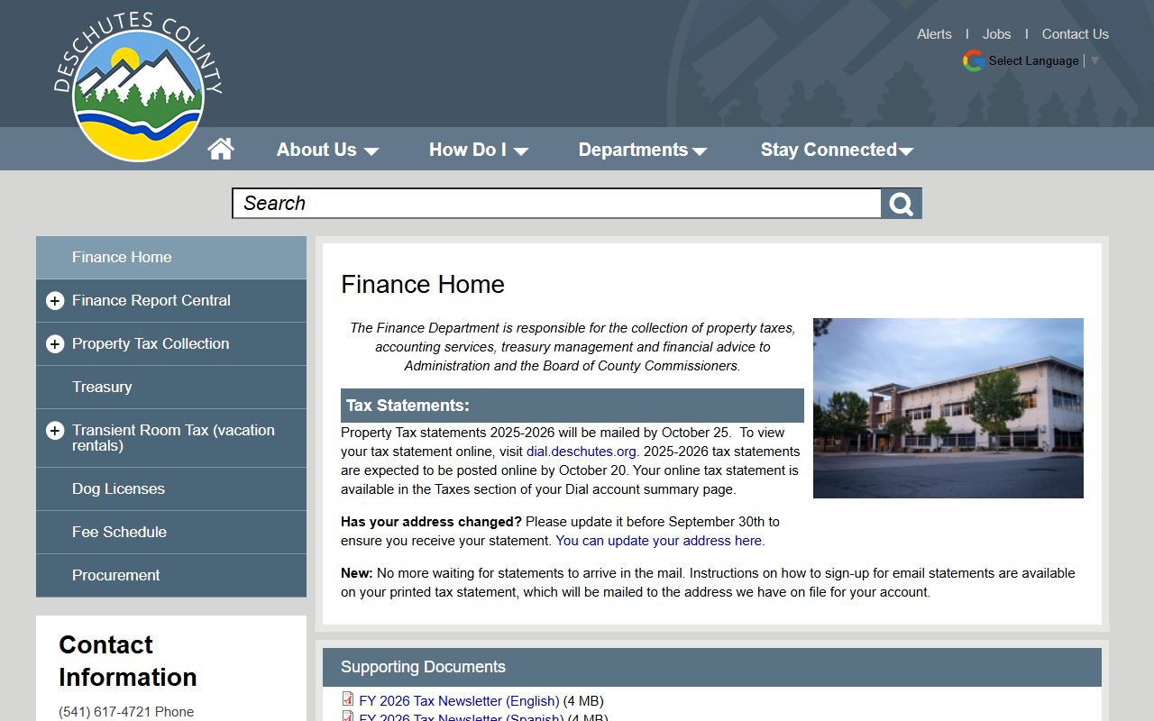 Deschutes County Finance Department page for unclaimed money inquiries