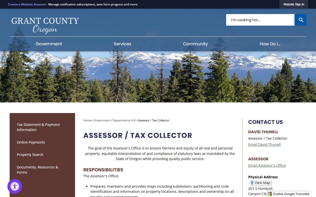Grant County Assessor and Tax Collector page for property and unclaimed money searches