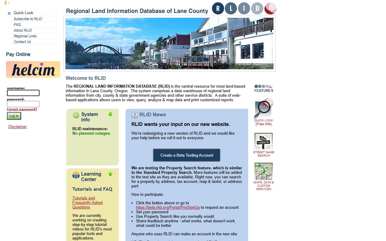 Lane County RLID database for property and unclaimed money research