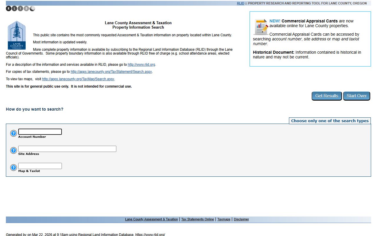 Lane County RLID property search by account and address