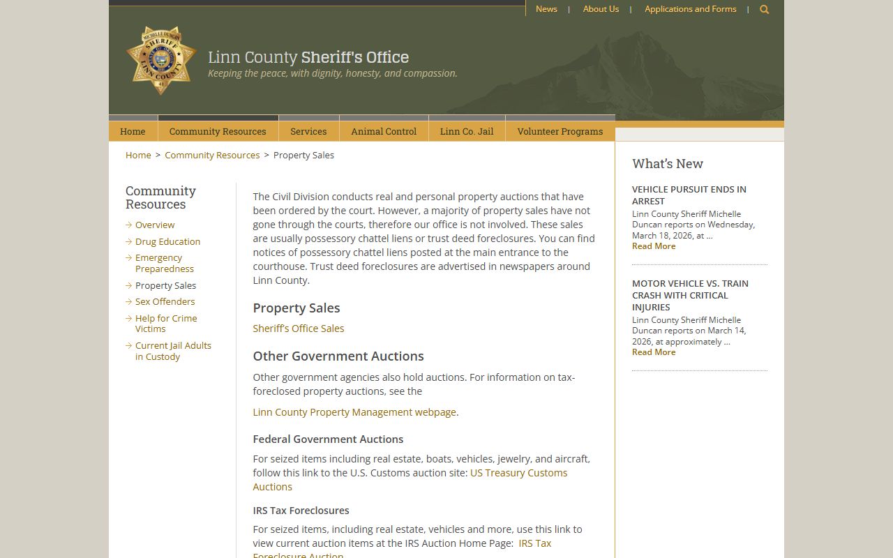 Linn County Sheriff property sales page for surplus funds and unclaimed money