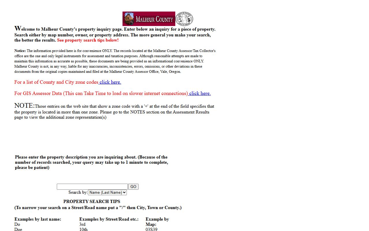 Malheur County property inquiry tool for valuations and unclaimed money search