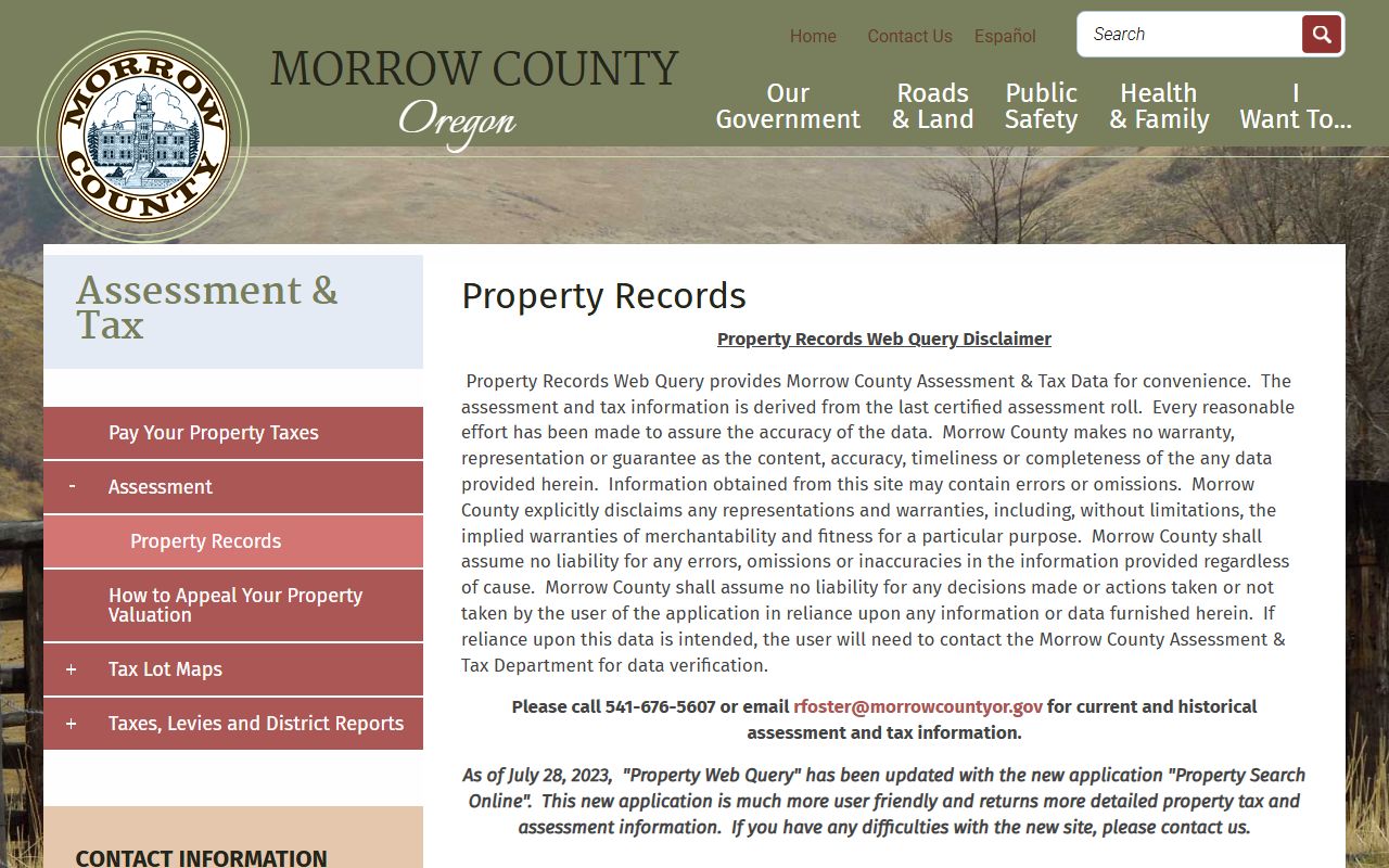 Morrow County property records search page for assessment and tax data