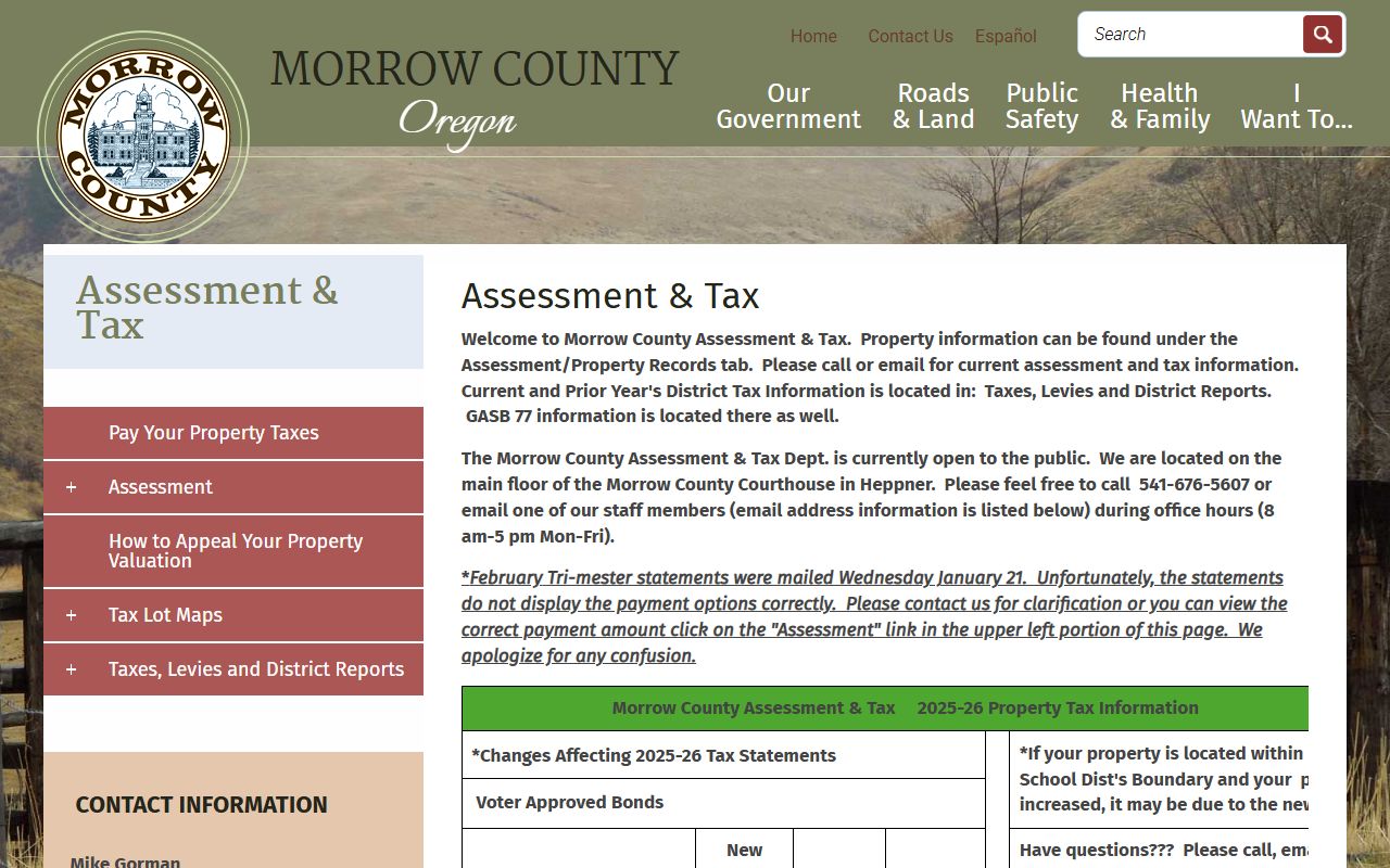 Morrow County tax assessment office website for property records and unclaimed money searches