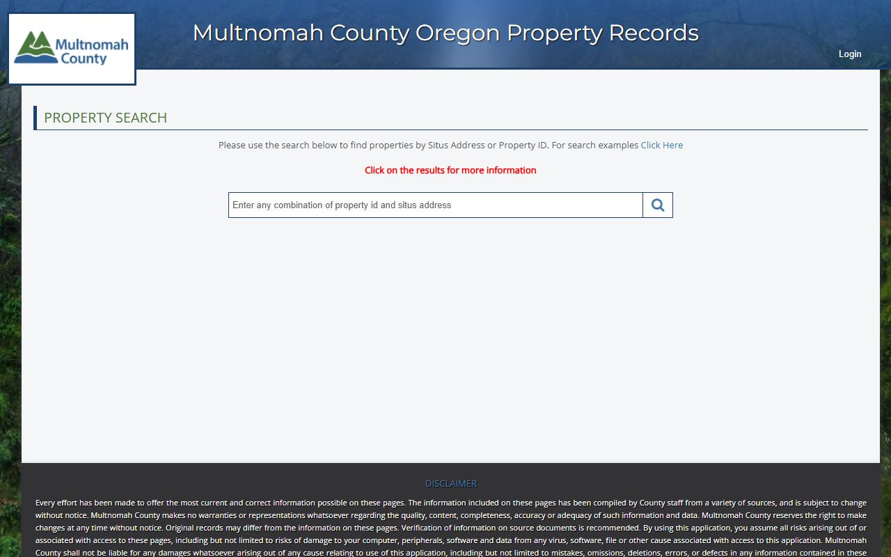 Multnomah County property search tool for looking up tax records by address or owner name