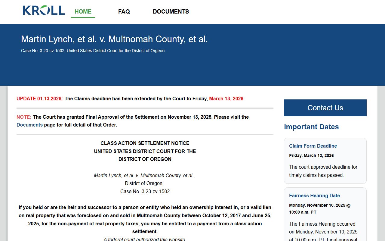 Multnomah County tax foreclosure settlement website with claim details and deadlines