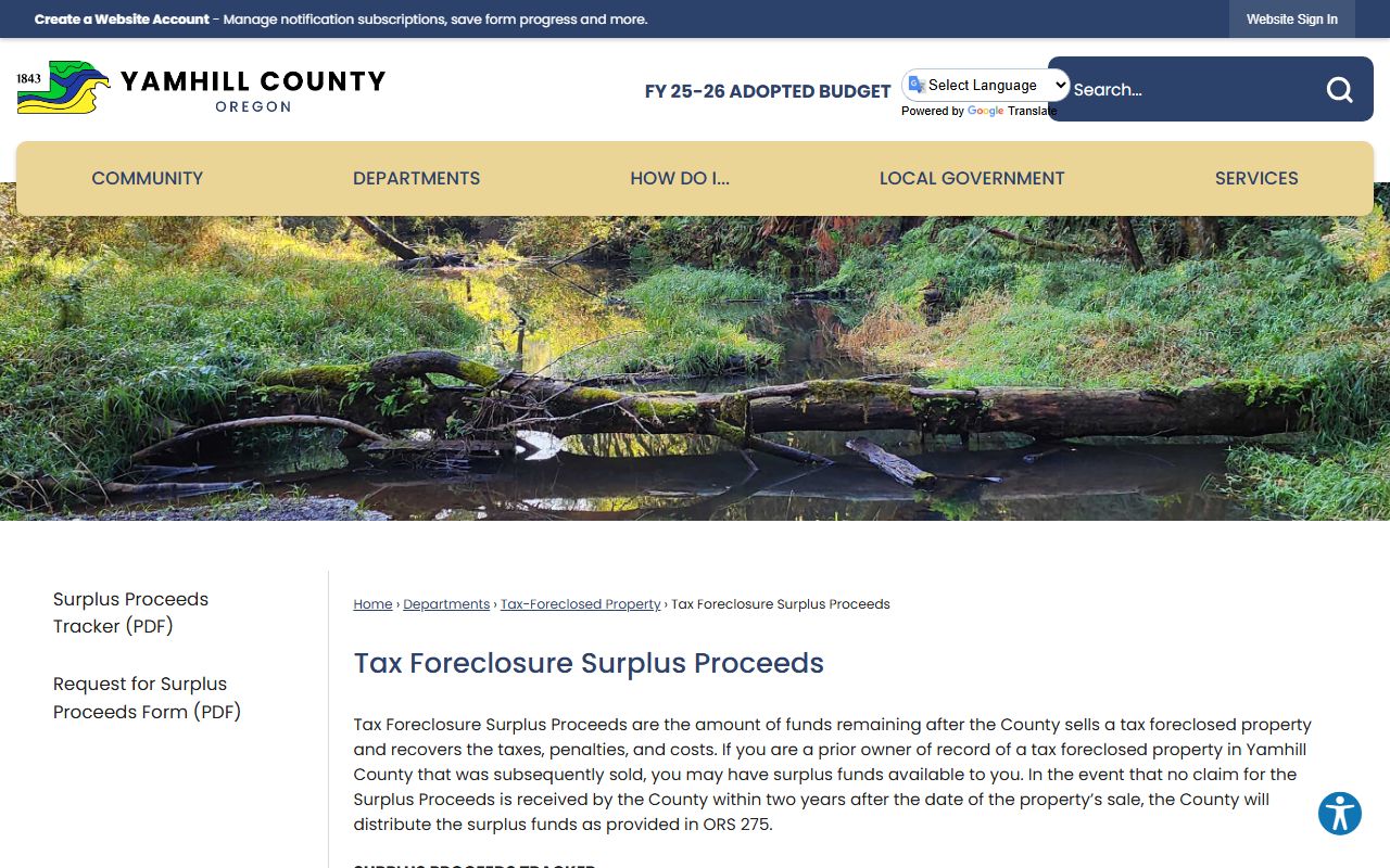 Yamhill County tax foreclosure surplus proceeds tracker