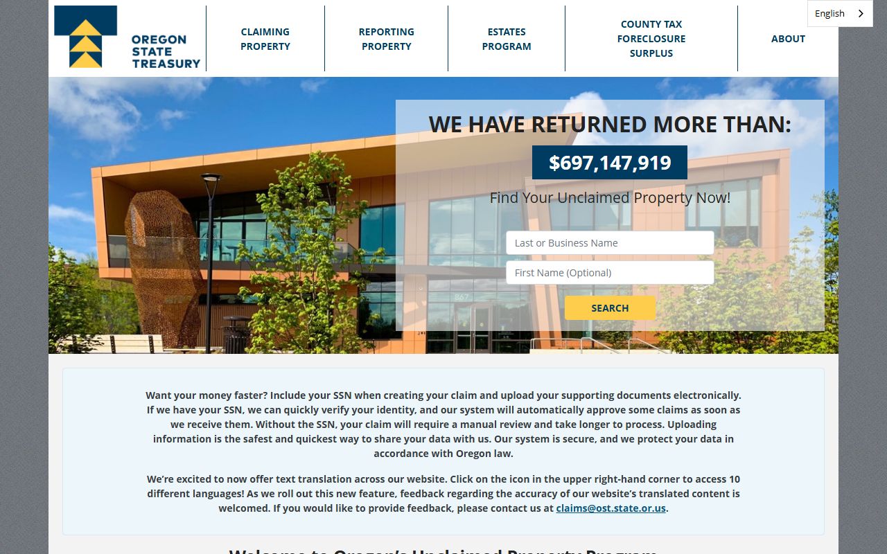 Oregon State Treasury unclaimed property search portal at unclaimed.oregon.gov