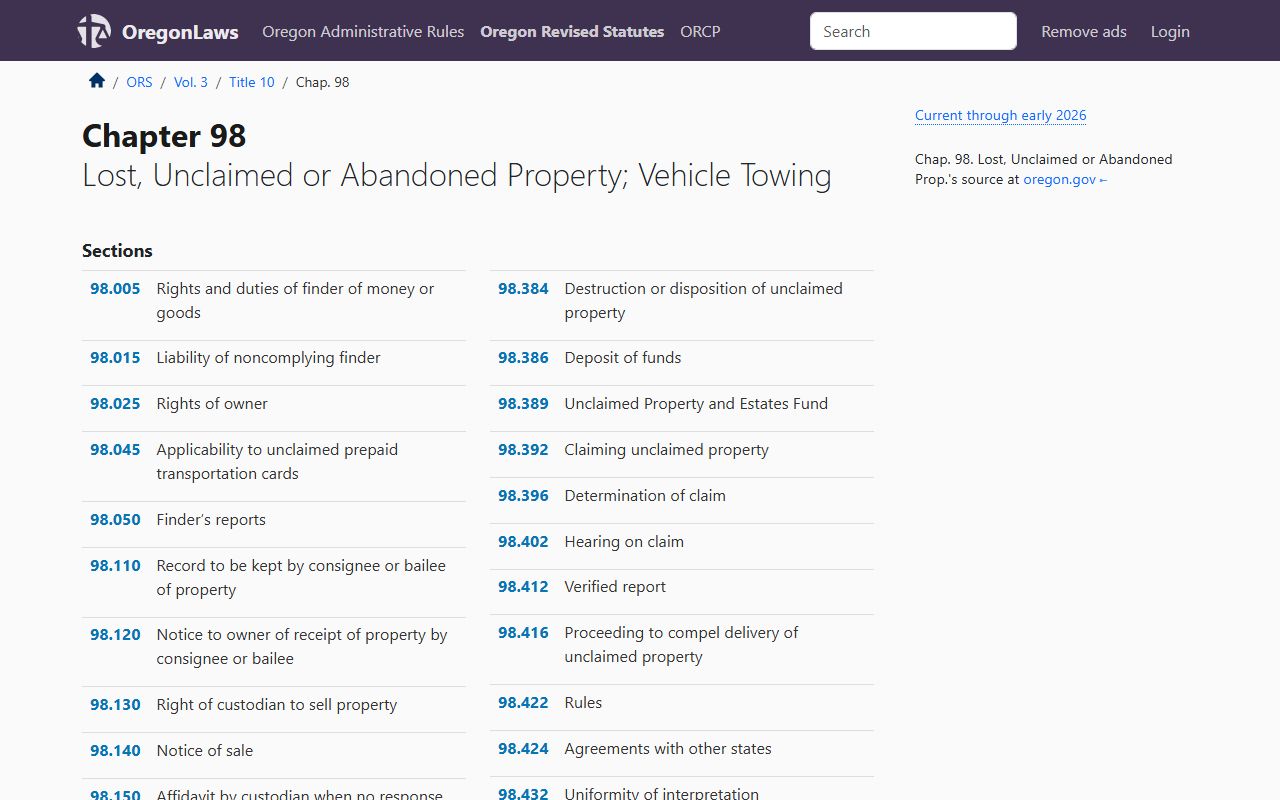ORS Chapter 98 governing unclaimed property law in Oregon
