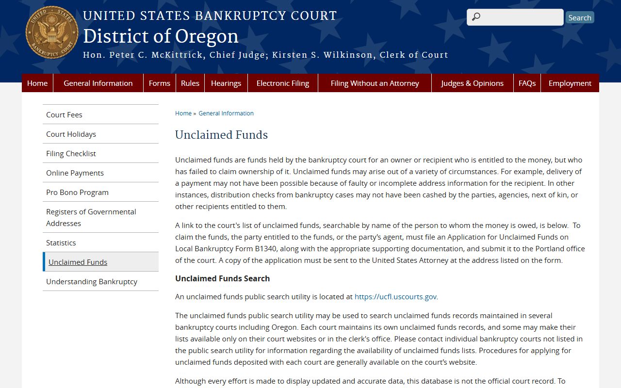 U.S. Bankruptcy Court District of Oregon unclaimed funds page